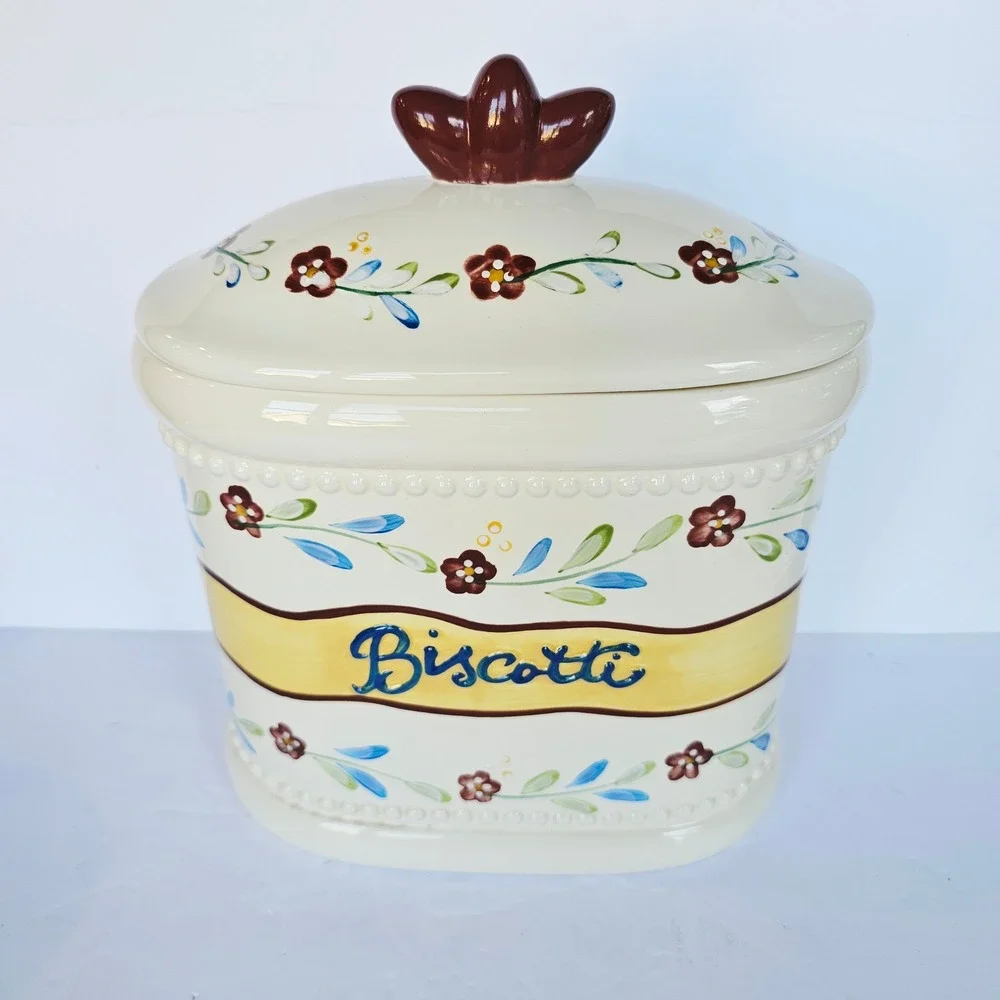Nonni's Ceramic Biscotti Jar Floral Hand Painted Cookie Canister Farmhouse Decor